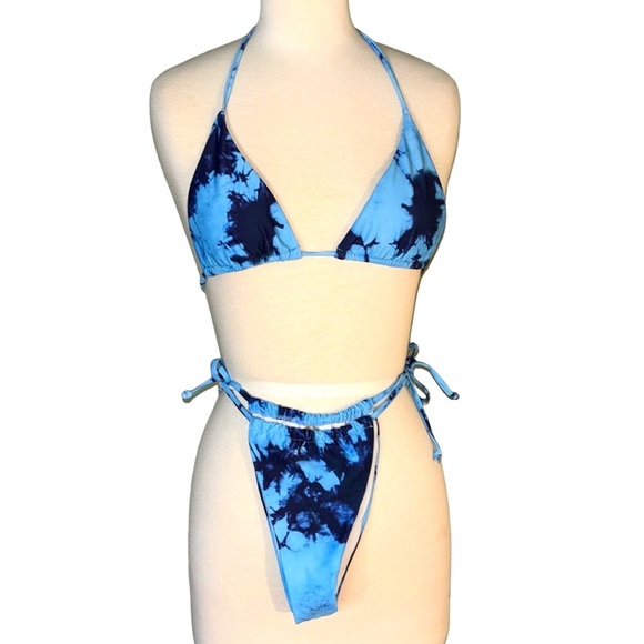 Blue and light blue bathing swim suit set. Top medium bottom large string ties - Picture 1 of 11